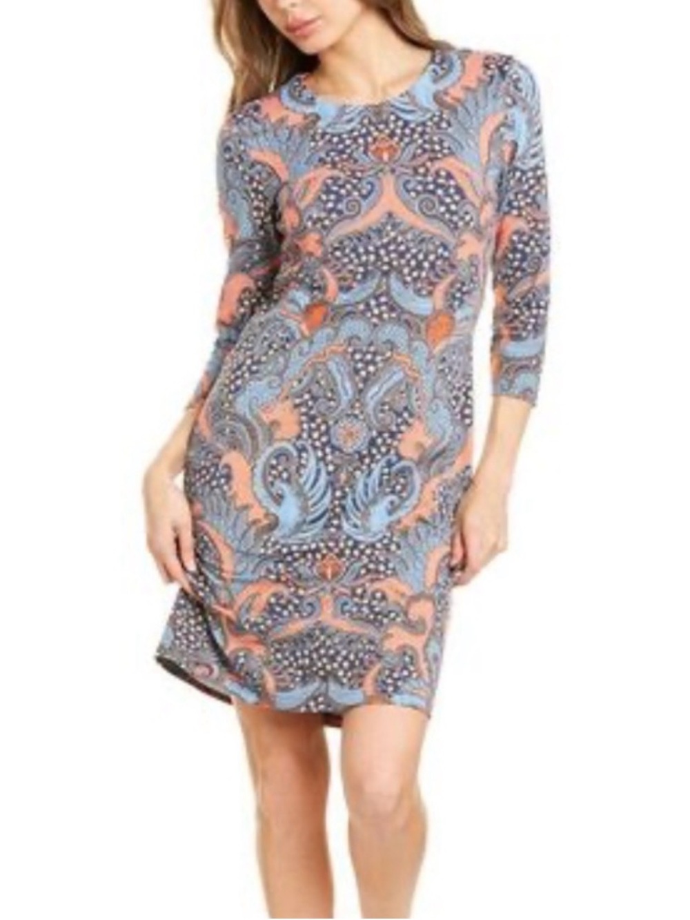 J.Mclaughlin Sophia Catalina Cloth 3/4 Sleeve Sheath Mini Dress Paisley Blue XL